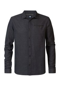 Donkergrijze button-up overhemd, gemaakt van gestructureerde stof, met een puntige kraag, lange mouwen en een borstzak met een knoopdetail.