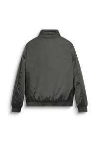 Giacca bomber leggera grigio scuro, con colletto alto, polsini e orlo elastici, realizzata in tessuto liscio e lucido e caratterizzata da un design minimalista.