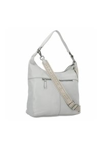 Sac à main en cuir gris clair avec une seule bandoulière, doté d'une poche zippée à l'avant et d'une sangle texturée réglable.