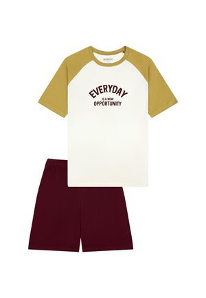 Two-piece set consisting of a white T-shirt with yellow sleeves and maroon shorts. The T-shirt features bold text: "EVERYDAY IS A NEW OPPORTUNITY."