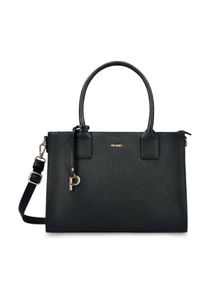 Schwarze strukturierte Leder-Tragetasche mit doppelten Griffen, abnehmbarem Schulterriemen, goldfarbenen Metallakzenten und kleinem Markenlogo auf der Vorderseite.