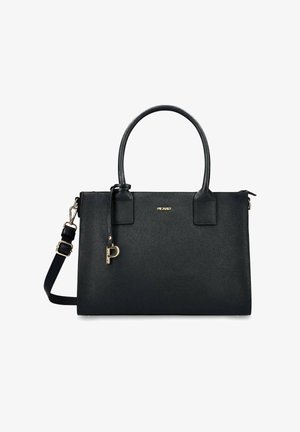 Black textured leather tote bag with double handles, detachable shoulder strap, gold-tone hardware, and small brand logo on front.