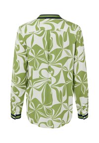 Langärmeliges Hemd zum Knöpfen mit grün-weißem abstraktem Blumenmuster, marineblauem Kragenbesatz und gestreiften Bündchen, Rückansicht.