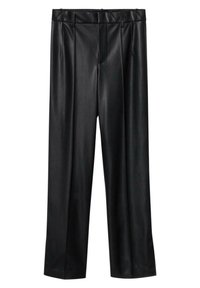 Pantalons droits en simili cuir noir avec passants de ceinture et plis avant, conçus pour un ajustement sur mesure.