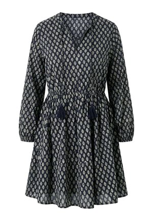 Robe longue manches longues bleu marine avec motif floral blanc, taille élastique, col en V avec liens à pompons, et poignets froncés.