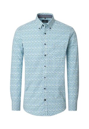 Hellblaues Hemd mit Knopfleiste, langen Ärmeln und einem Muster aus kleinen, gleichmäßig verteilten grünen und blauen Punkten.