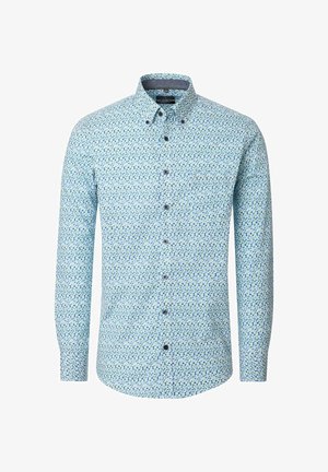 Hellblaues Hemd mit Knopfleiste, langen Ärmeln und einem Muster aus kleinen, gleichmäßig verteilten grünen und blauen Punkten.