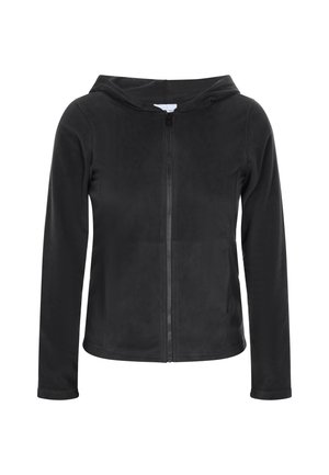 Čierna mikina na zips vyrobená z mäkkej tkaniny. Obsahuje kapucňu, dlhé rukávy a elegantný dizajn s hladkým a textúrovaným povrchom.
