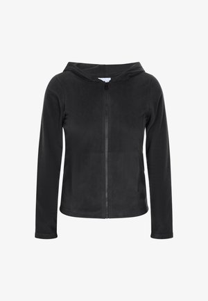 Čierna mikina na zips vyrobená z mäkkej tkaniny. Obsahuje kapucňu, dlhé rukávy a elegantný dizajn s hladkým a textúrovaným povrchom.