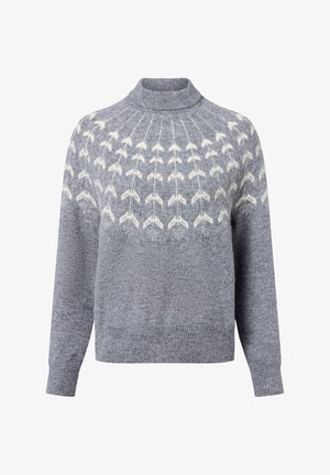 Grauer Strickpullover mit Stehkragen, der ein weißes Pfeilmuster über der Brust aufweist. Rippbündchen und -saum sorgen für einen strukturierten Abschluss.