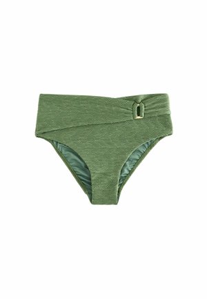 Højtaljede grønne bikinitrusser med tekstur, asymmetrisk linning og stofbetrukket ringdetalje på højre side.