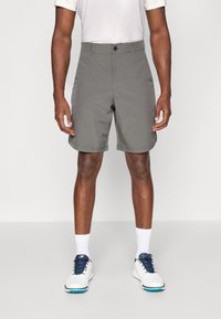 Gray shorts made of lightweight fabric with a flat front, belt loops, and a single button closure, featuring side pockets.