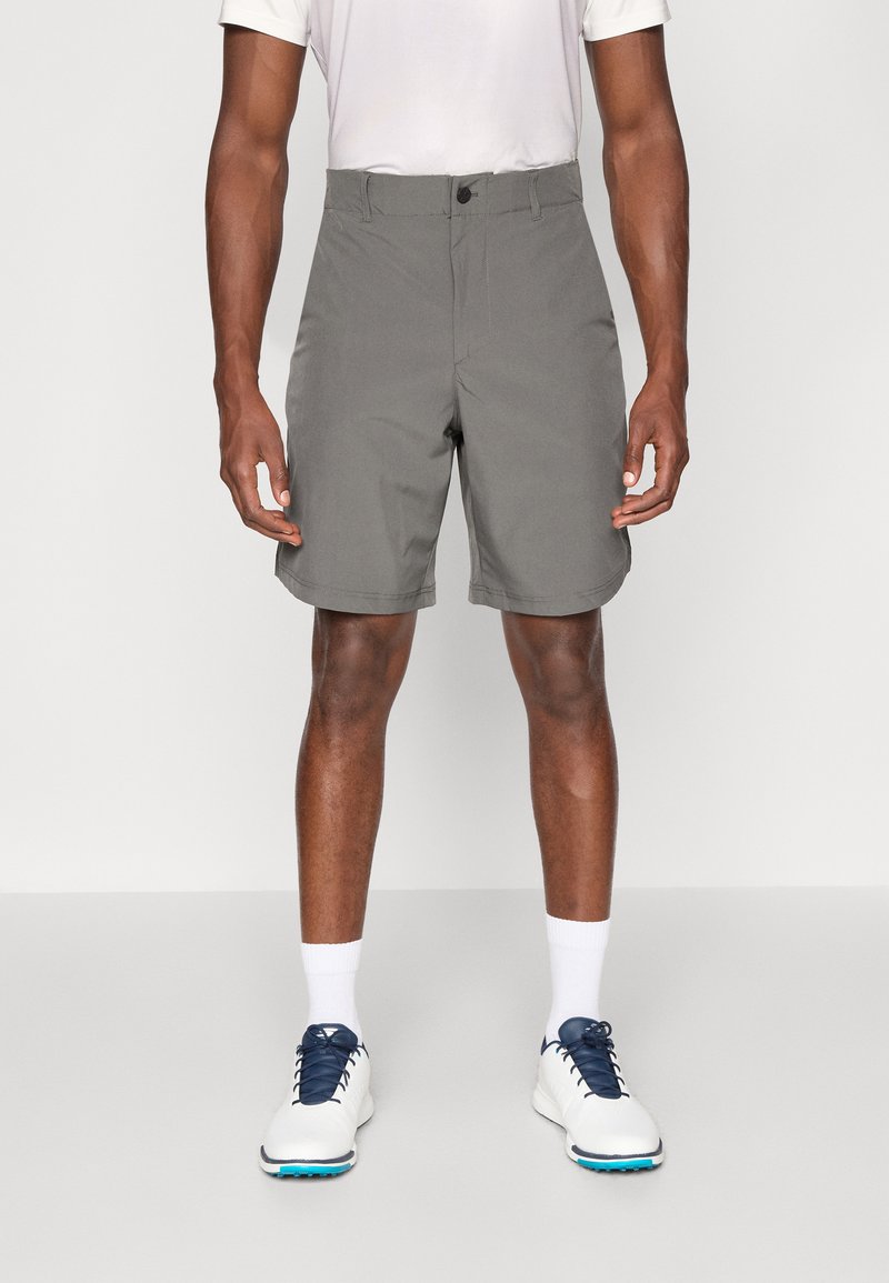 Gray shorts made of lightweight fabric with a flat front, belt loops, and a single button closure, featuring side pockets.
