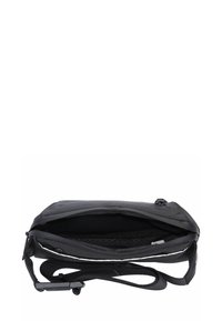 Borsa in tessuto nero con chiusura a cerniera, forma rettangolare, tracolla regolabile e rivestimento interno strutturato per l'organizzazione.