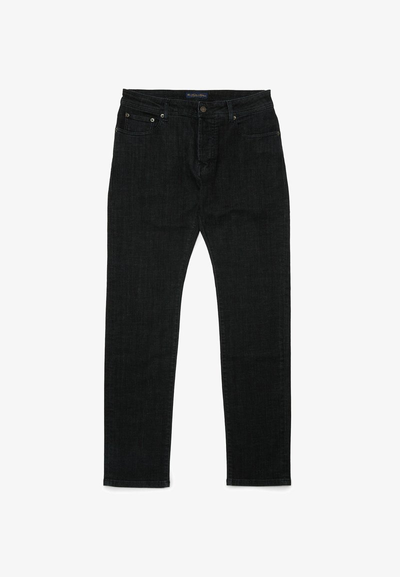 Černé džíny z denimu se rovnými nohavicemi, pěti kapsami, knoflíkovým zapínáním a jemnou texturou. Minimalistický design bez vzorů.