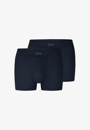 Zwei Paar schwarze Herrenboxershorts mit elastischem Bund ohne sichtbare Muster oder Logos.