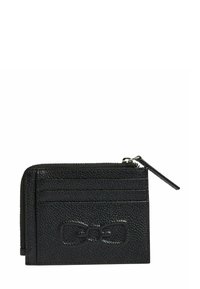 Portefeuille en cuir noir texturé avec fermeture éclair, comprenant plusieurs emplacements pour cartes et un détail en relief en forme de nœud sur le devant.