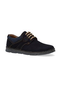 Navy blue suede shoe with beige laces, perforated upper, contrasting stitching, textured blue accents, and a gray rubber sole.