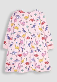 Langärmliges pinkes Kleid mit Dinosaurier- und Blumenmuster, aus weichem Stoff gefertigt, mit gerafftem Tailleneinsatz und Rundhalsausschnitt.