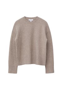 Beige Strickpullover aus weichem Material, mit rundem Halsausschnitt, gerippten Bündchen und Saum sowie einer lockeren Passform.