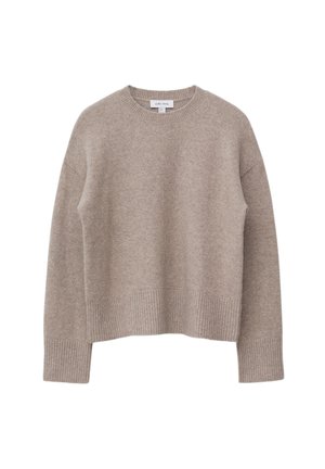 Beige knit sweater made from soft material, with a round neckline, ribbed cuffs and hem, and a relaxed fit.