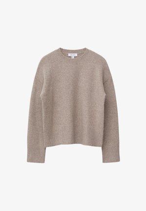 Beige knit sweater made from soft material, with a round neckline, ribbed cuffs and hem, and a relaxed fit.