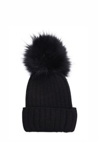 Beanie nera a maglia con una texture a coste e un morbido pom-pom nero sulla parte superiore. Il design presenta un risvolto alla base.