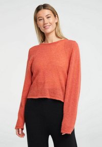 Rūsganā krāsā adīts džemperis ar garām piedurknēm, apaļu apkakli un īsu dizainu. Mīksta tekstūra, neapstrādāta maliņa un brīva piegriezums.