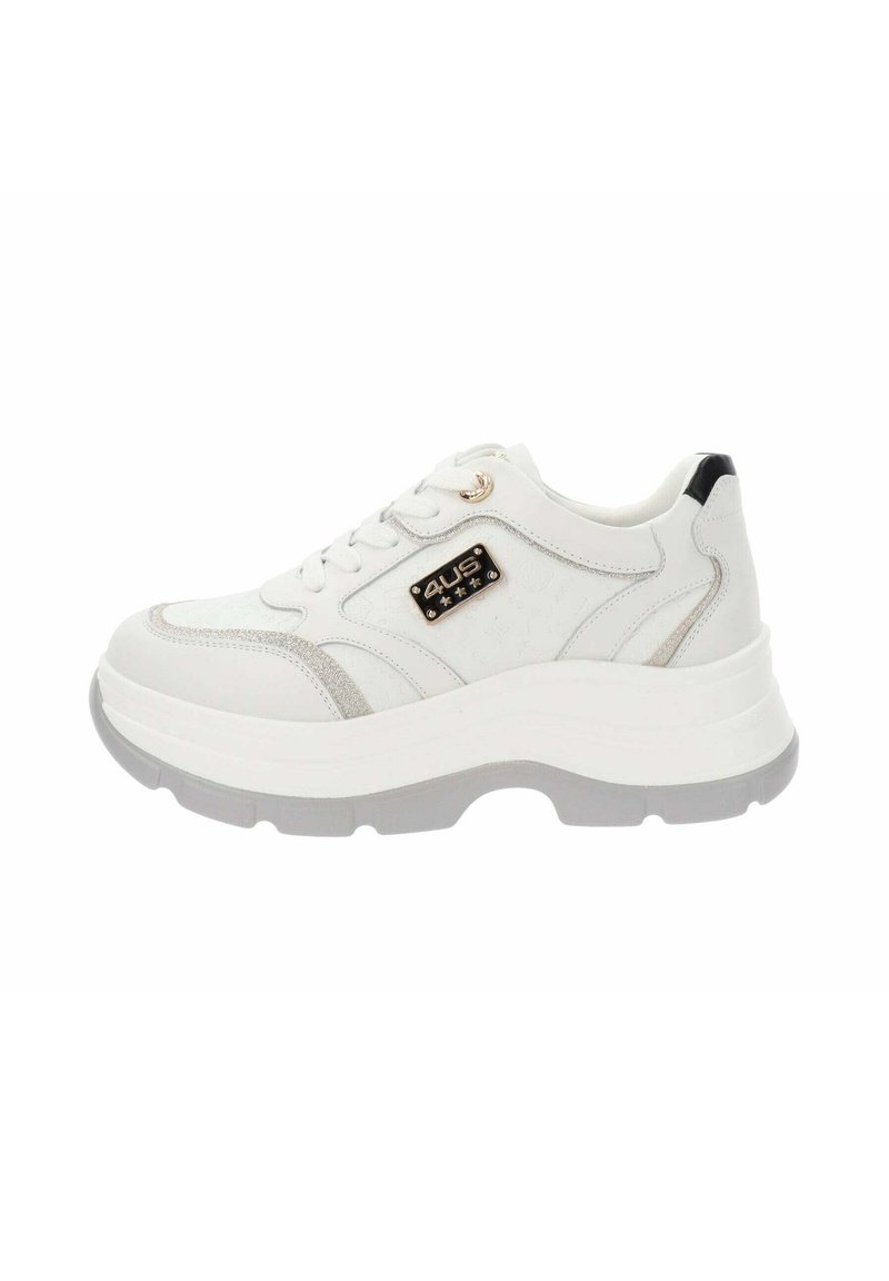 Sneaker bianca con tomaia in pelle testurizzata, dettagli argento e una suola grigia spessa. Presenta lacci rotondi e una placca con logo laterale.