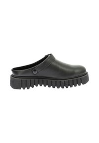 Zoccoli in pelle nera con punta arrotondata, design senza retro e suola in gomma testurizzata con righe per una migliore aderenza.