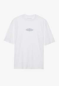 T-shirt blanc à manches courtes en coton, avec un petit graphique ovale bleu portant le texte "URTRI" au centre. Encolure ronde.