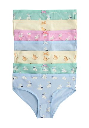 Seks par børnebomuldstrusser i pastel farver med dyreprint, herunder kaniner, flamingoer og tigre, hver med en lille sløjfe i taljen.