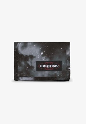 Portafoglio nero con design a tema spazio in tonalità di grigio e bianco. Presenta un logo Eastpak rosso e nero su un tessuto lavorato.