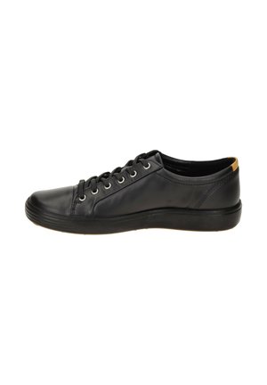 Black leather sneakers with a smooth finish, rounded toe, and contrasting tan accent on the heel. Features six metal eyelets and a rubber sole.