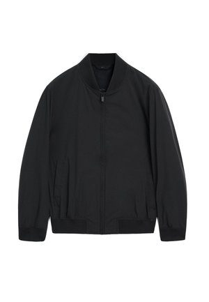 Black bomber jacket with a ribbed collar, concealed zipper, and side pockets. Made of a smooth, lightweight fabric. Simple design, no patterns.