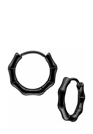 Black hoop earrings made of a smooth, polished material, featuring a bamboo-inspired design with segmented accents for texture.
