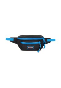 Fanny pack Eastpak v černé barvě s modrými akcenty, se dvěma zipovými přihrádkami a nastavitelným popruhem. Vyrobeno z odolné tkaniny.