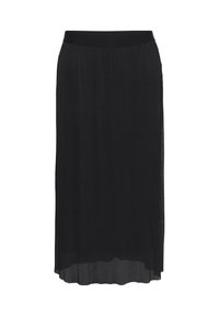 Jupe plissée noire en tissu léger, dotée d'une taille solide et d'un design fluide. Sa longueur tombe sous le genou.