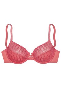 Roze bh met een textuur van kant aan de bovenkant met een zigzagpatroon, een zachte ondersectie en verstelbare bandjes. Het midden is versierd met een klein strikje.