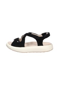 Sandal in suede nero con suola piatta, caratterizzata da design open-toe, cinghie incrociate e cinturino alla caviglia regolabile per una vestibilità sicura.
