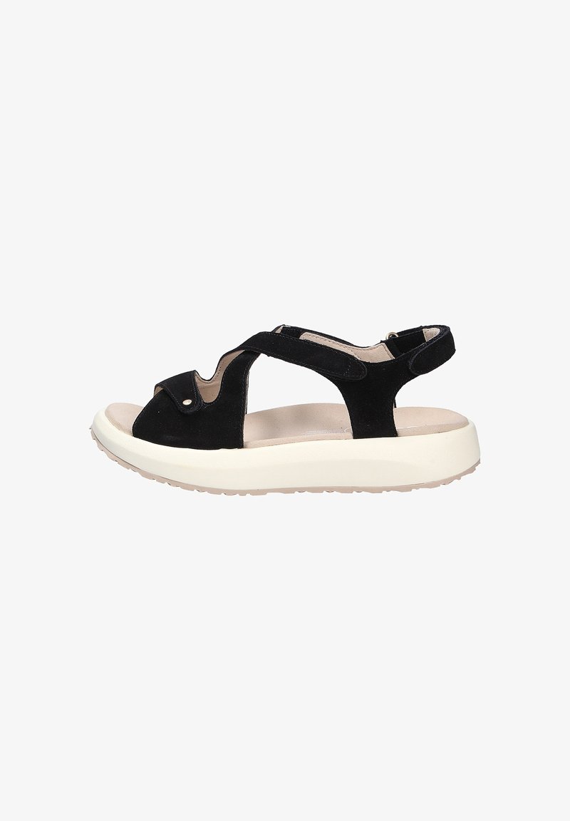 Schwarze Wildleder-Sandalen mit Plateausohle, offenem Zehenbereich, Kreuzriemen und verstellbarem Knöchelriemen für einen sicheren Sitz.