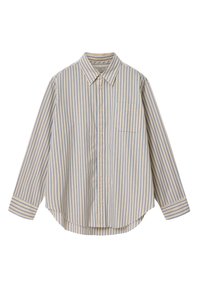 Chemise à manches longues boutonnée avec des rayures verticales bleues, crème et jaunes et une poche poitrine, posée à plat sur un fond blanc.