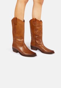 Botas de cowboy de cuero marrón con punta afilada y tacón bajo. Presentan detalles de costura y lengüetas en los laterales. Textura suave.