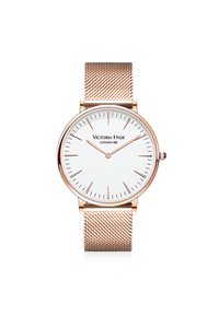 Roségoldene Mesh-Armbanduhr mit einem runden weißen Zifferblatt, das einfache Stundenmarkierungen und ein Markenlogo aufweist, minimalistisches Design.