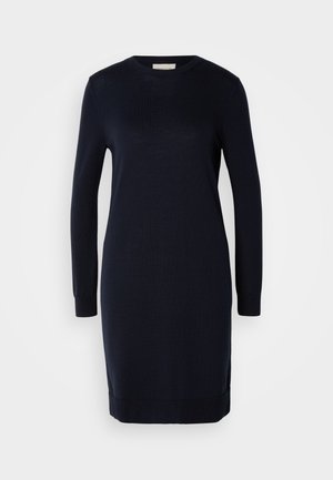Navy blue knitted dress with long sleeves, round neckline, and ribbed hem. Simple, straight silhouette, crafted from a soft fabric.