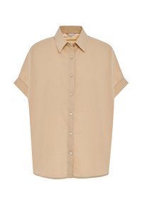 Camicia a maniche corte, beige, con bottoni. Presenta un colletto classico e una linea dritta. Realizzata in un tessuto liscio e leggero con una sottile lucentezza.