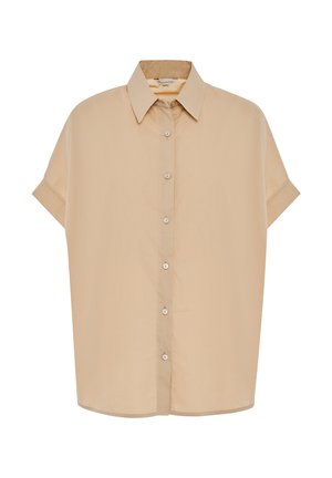 Camicia a maniche corte, beige, con bottoni. Presenta un colletto classico e una linea dritta. Realizzata in un tessuto liscio e leggero con una sottile lucentezza.