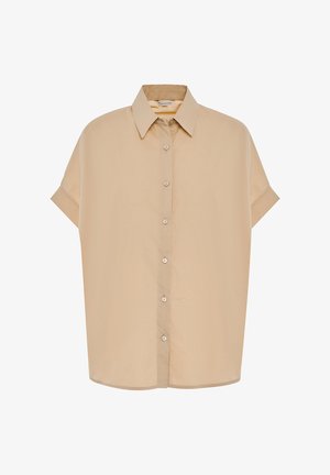 Camicia a maniche corte, beige, con bottoni. Presenta un colletto classico e una linea dritta. Realizzata in un tessuto liscio e leggero con una sottile lucentezza.
