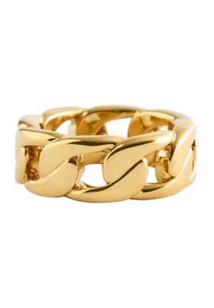 Guld kæde-lignende ring med et poleret, buet design, der danner en sammenhængende løkke, vist på en hvid baggrund.