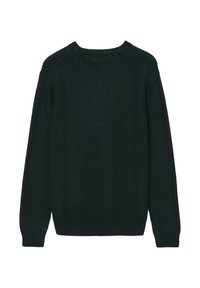 Dunkelgrüner gestrickter Pullover mit texturierter Oberfläche, gerippten Bündchen und Saum sowie Raglanärmeln. Die Rückansicht zeigt ein nahtloses Design.